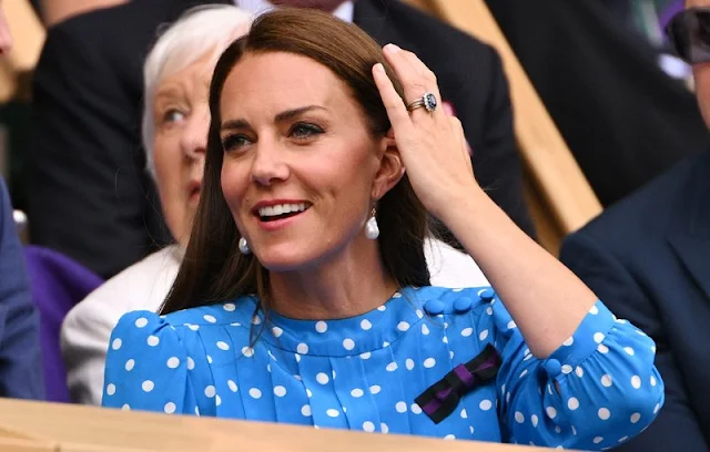 Duchess of Cambridge wore a blue polkadot pleated midi dress by one of her go-to designers, Alessandra Rich. Kate Middleton