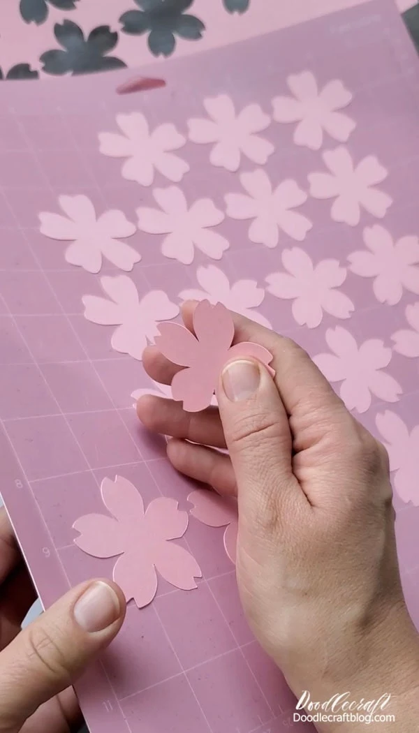 Step 1: Cut Blossoms   Begin by finding a cherry blossom silhouette...or just use my Cricut Design Space file. You are welcome!   Cut a 12x12 sheet of white and pink blossoms.