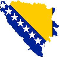 This image shows the international border of Bosnia and Herzegovina superimposed over the flag of that country.