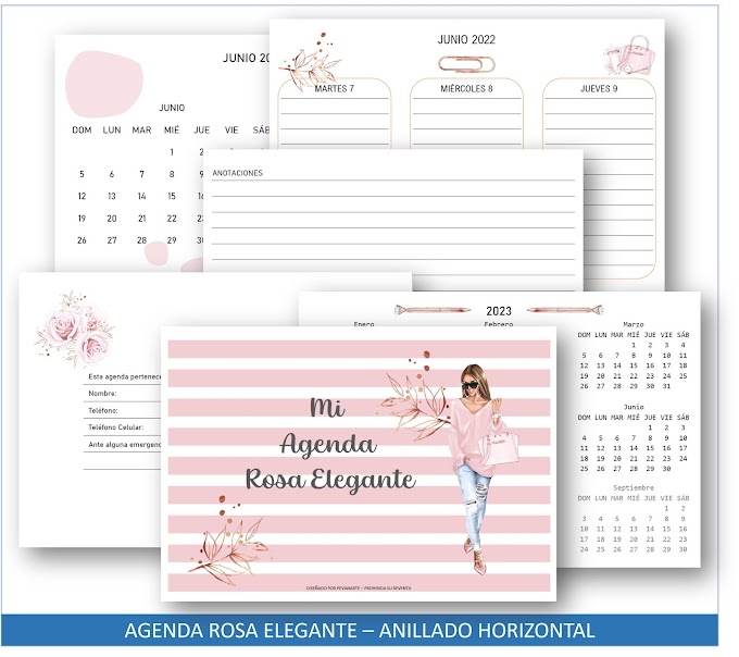 Agenda Rosa Elegante A5 - Junio 2022 - 2023 - Modelo Horizontal (ANILLAR)