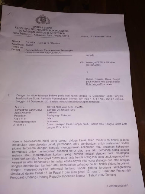 Surat Penangkapan Teroris di Langsa