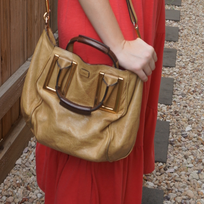 coral tiered dress with Chloe small Ethel bag in light khaki | awayfromtheblue