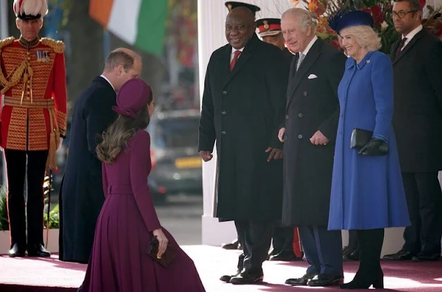 Catherine wore a bespoke Emilia Wickstead coatdress. Diana Collingwood pearl earrings. Prince of Wales feather brooch