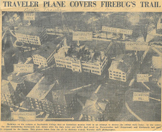 Photograph of Dartmouth campus with sites of fires marked, headline reads "Traveler Plane Covers Firebug's Trail."