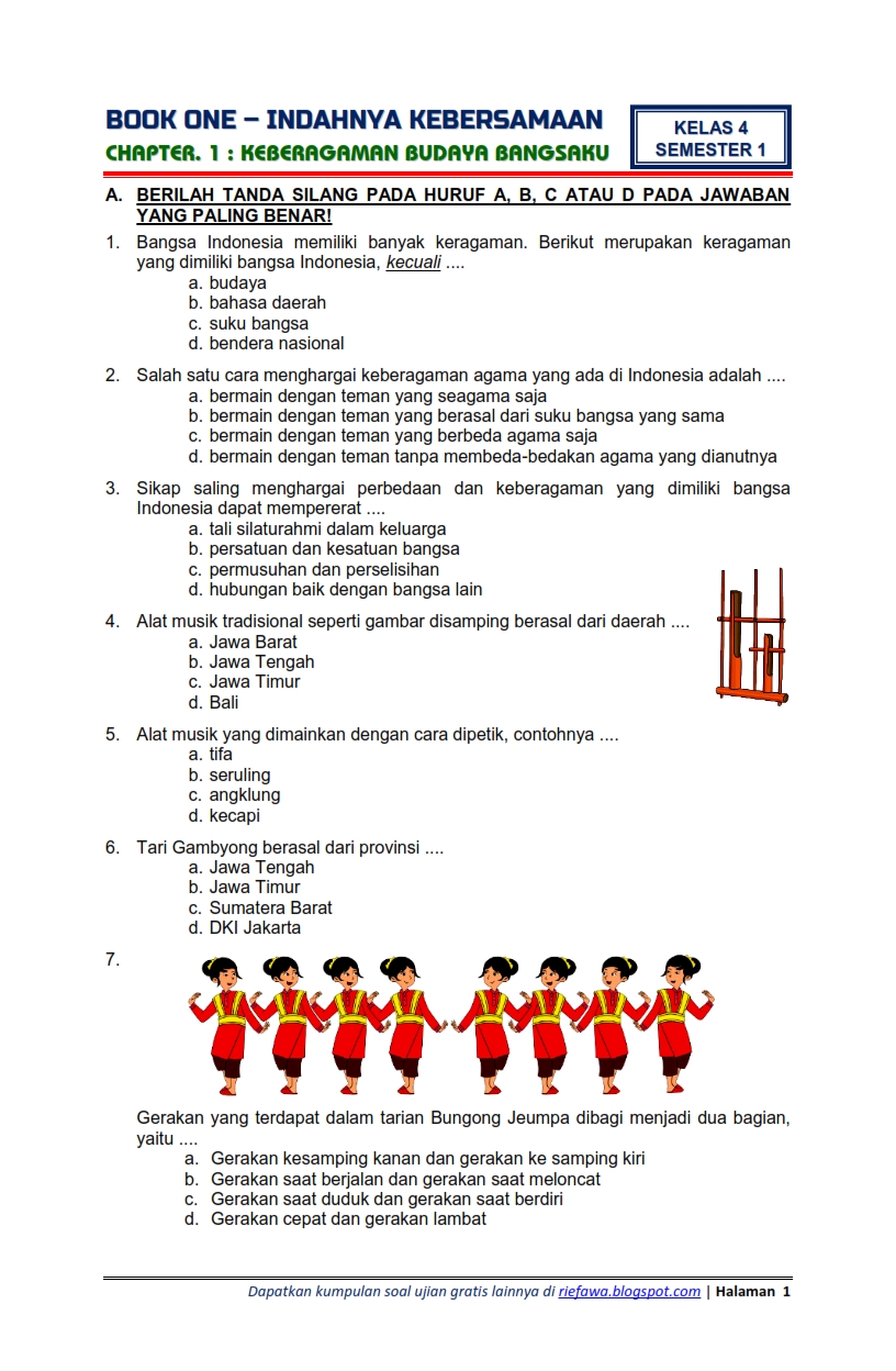 Download Soal dan Kunci Jawaban Kelas 4 Semester 1 Tema 1 Subtema 1