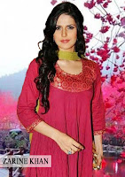 zarine khan, she is looking so sweet in simple red salwar kameez with smile
