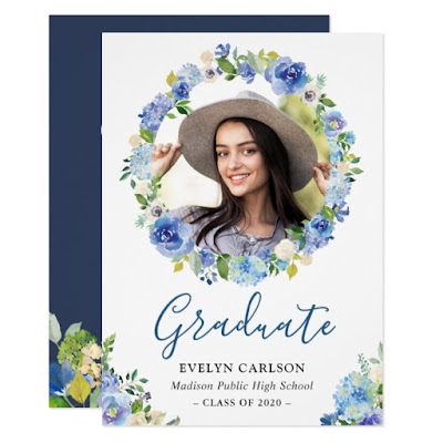  Navy Blue Watercolor Floral Wreath Graduate Photo Invitation