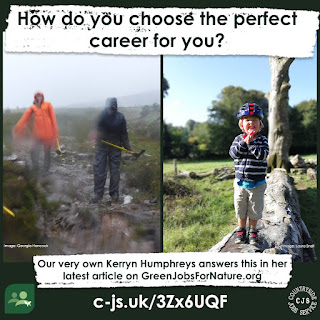 a composite image of 2 people in full waterproofs working with tools on a very rainy site & a small child with cycling hat on, hands clasped standing on a large fallen tree trunk. Text reads: How do you choose the perfect career for you?