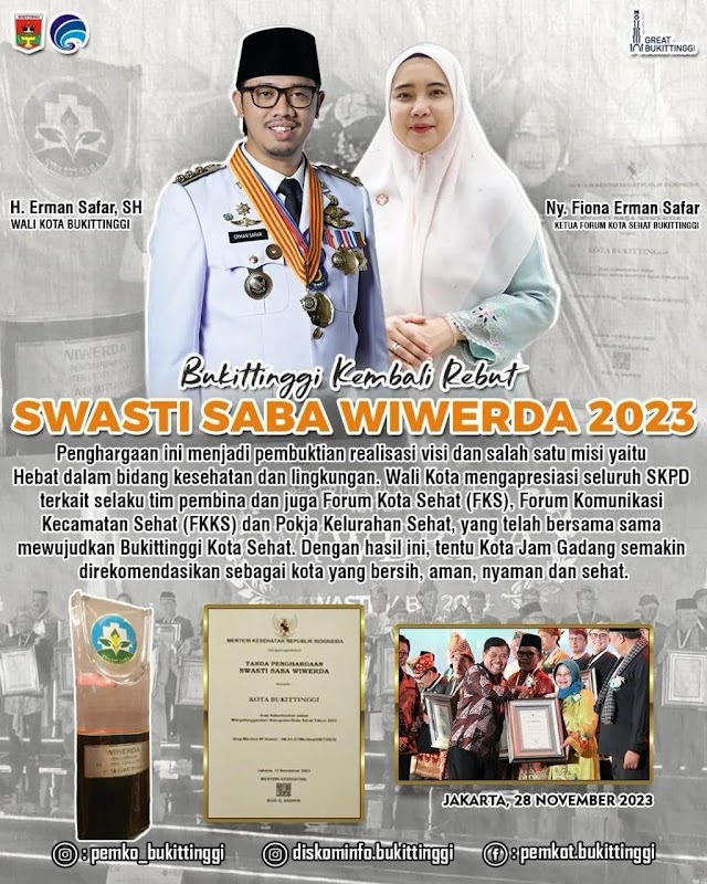 Bukittinggi Raih Swasti Saba Wiwerda 2023 pada Penilaian Kota Sehat se Indonesia