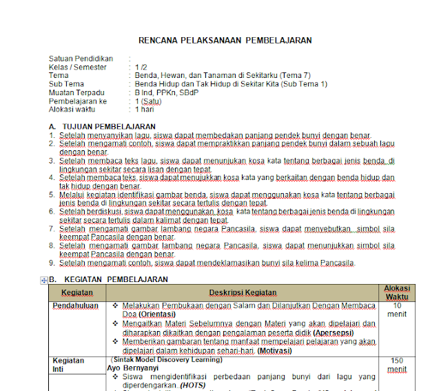 RPP 1 Lembar Kelas 1 SD MI (Lengkap)