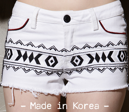 Aztec Embroidered White Denim Shorts