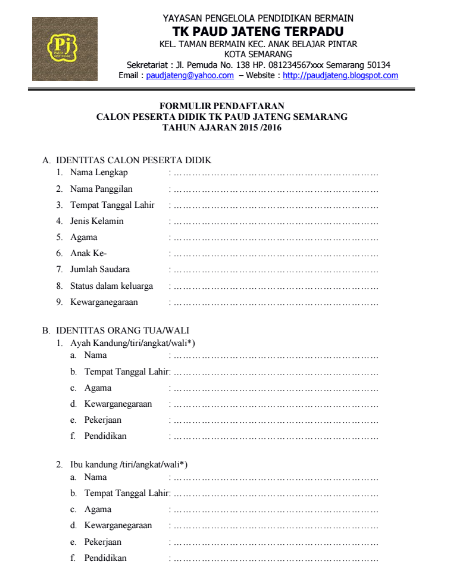 Contoh Formulir Pendaftaran Siswa PAUD (TK KB TPA) Lengkap 