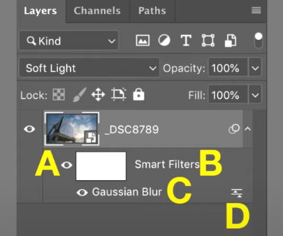 Where do you click to adjust the blending mode for a Smart Filter