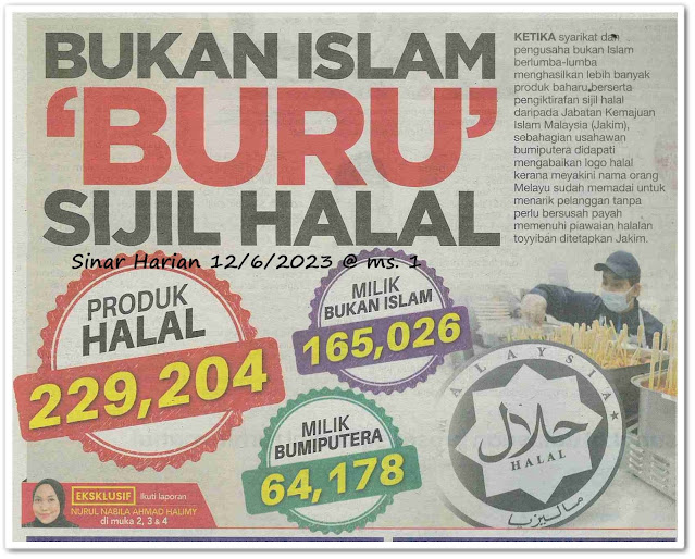 Bukan Islam 'buru' sijil halal ; 72 peratus milik bukan bumiputera - Keratan akhbar Sinar Harian 12 Jun 2023