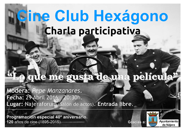 Cartel de la Charla: 'Lo que me gusta de una película' - Fotograma de Laurel y Hardy ('El Gordo y el Flaco') divirtiéndose