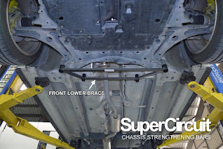 2007-2017 Mitsubishi Lancer undercarriage with the SUPERCIRCUIT Front Lower Brace installed.