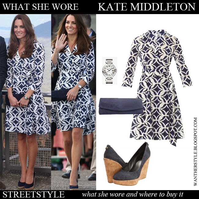 Kate Middleton Duchess of Cambridge in white and blue print wrap dress ...