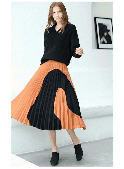 Amii Women Minimalist 2018 Autumn Skirt Chic A-Line Elegant Pleated Geometric Contrast Color Female Skirts