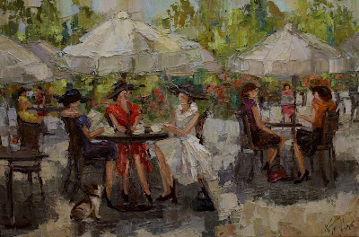 cafe a midi, parisian ladies, kathryn trotter art, www.kathryntrotterart.com, outdoor cafe, outdoor cafe paintings, impressionistic paintings, kathryn morris trotter