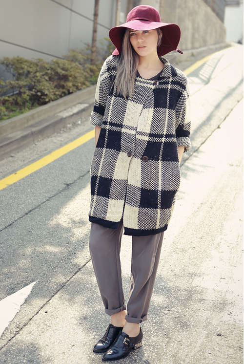 Oversized Tartan Double-Breasted Knit Coat