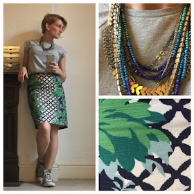 Boden print pencil skirt, grey mark t-shirt, Stella and Dot necklace