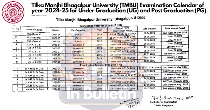 TMBU 2024-25 Examination Calendar for UG & PG : Date of Exam Form, Exam & result - In Bulletin