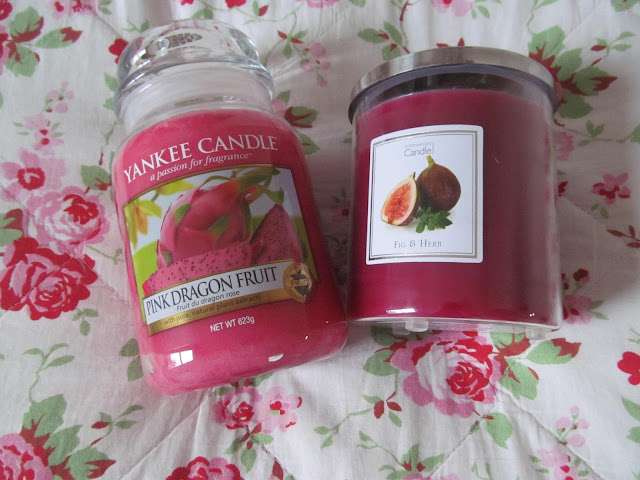 Two large candles: left is Yankee Candle Pink Dragon Fruit and right is Copenhagen Candle Company Fig and Herb