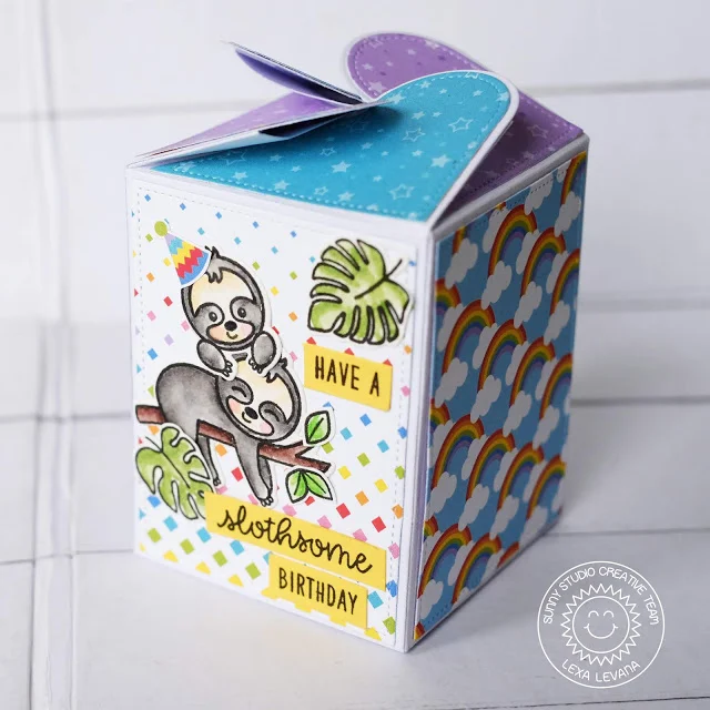 Sunny Studio Stamps: Surprise Party Paper Pack Wrap Around Box Dies Silly Sloths Fancy Frames Birthday Box Birthday Card by Lexa Levana and Rachel Alvarado