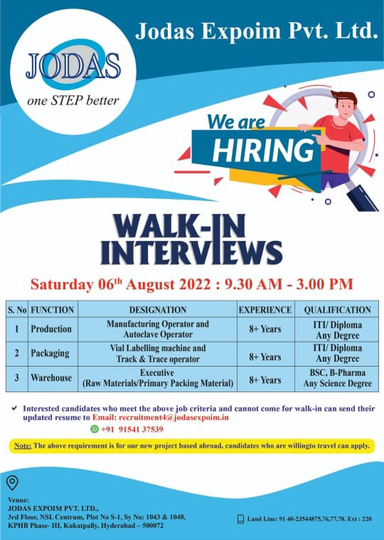 Job Available's for Jodas Expoim Pvt Ltd Walk-In Interview for ITI/ Diploma/ BSc/ B Pharma