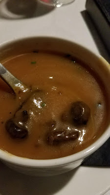 butternut squash soup, roasted wild mushrooms, truffle oil