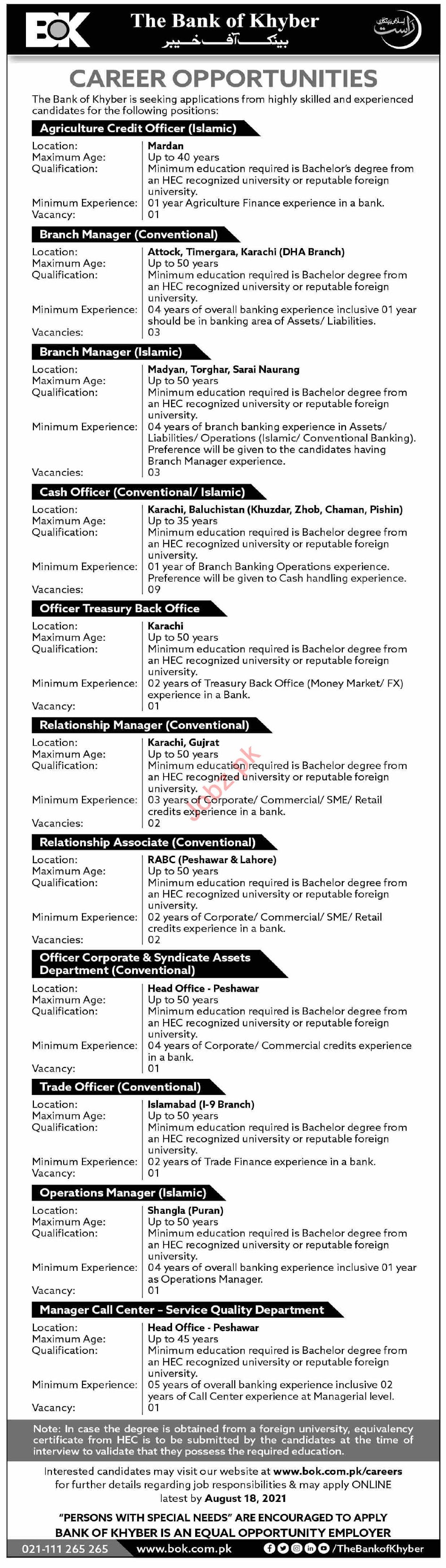 The Bank of Khyber BOK Jobs 2021 www.bok.com.pk