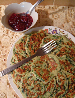 Plate of Spinach Pancakes and bowl of preserves