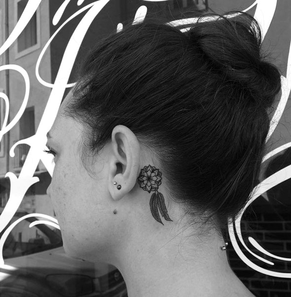 Colorful Dreamcatcher Tattoo Behind the Ear