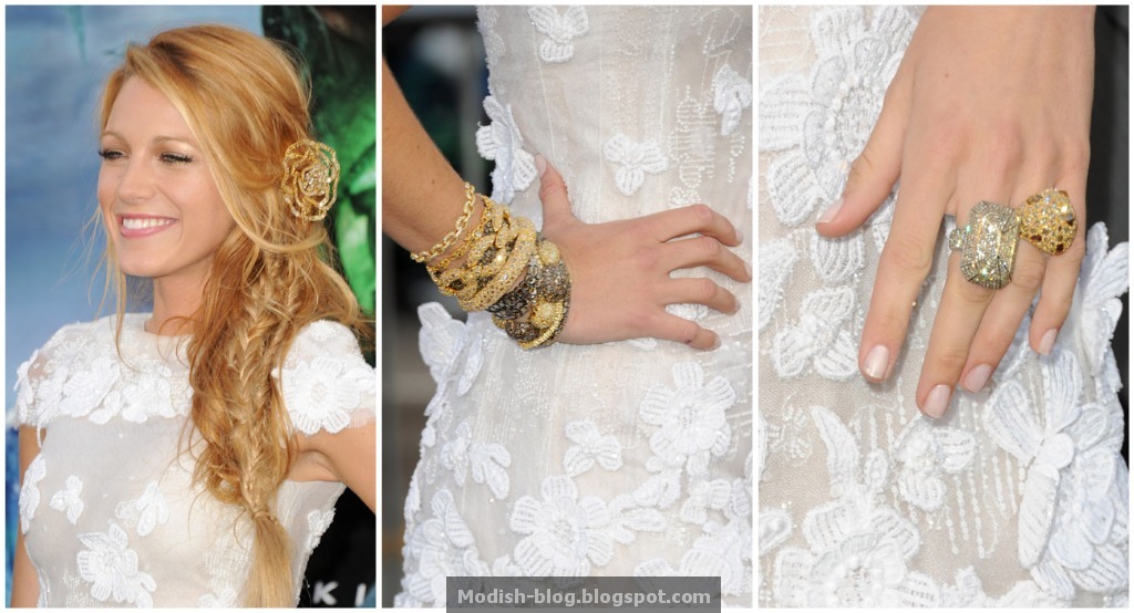 Blake accessorized her look with a loose fishtail side braid 