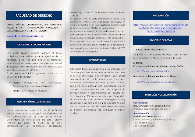 Información sobre el "doble Máster universitario en investigación avanzada y especializada en Derecho y en Abogacía"