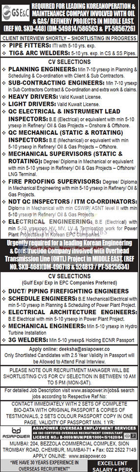 Leading Korean company Oil & Gas Project Jobs for Middle East
