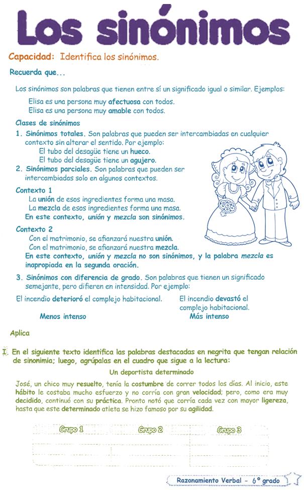 Sinónimos para Niños 6º primaria