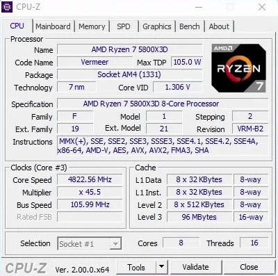 AMD Ryzen 7 5800X3D Review CPU-Z