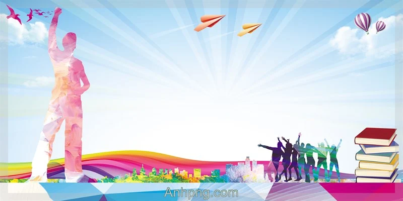 Phông nền xanh trắng nhẹ nhàng học sinh giữa đồng cỏ