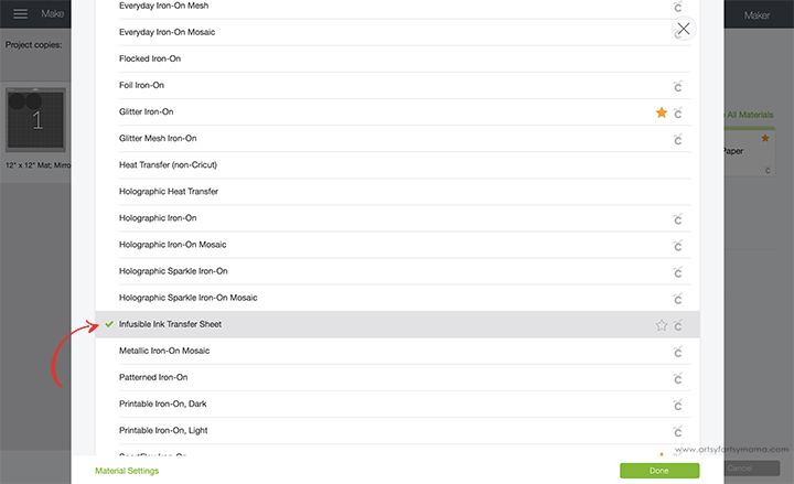 Cricut Design Space Material Setting Infusible Ink
