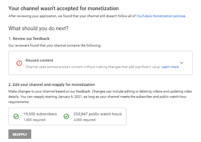 Your channel wasn’t accepted for monetization