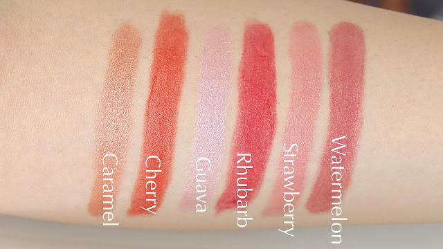 Burt's Bees Lip Shimmer Lip color balm in Caramel, Cherry, Guava, Rhubarb, Strawberry, Watermelon Swatches