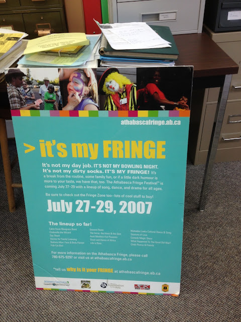 A poster for Athabasca's Fringe Festival, proclaiming the theme it's my FRINGE, and showcasing some scenes from past Fringes.