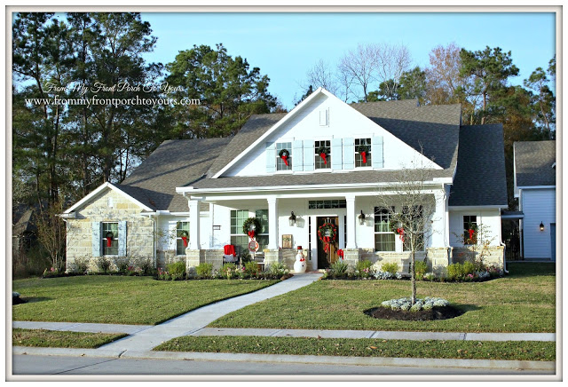 Christmas- Farmhouse-Wreaths-Red Bows-Windows-White Farmhouse-From My Front Porch To Yours