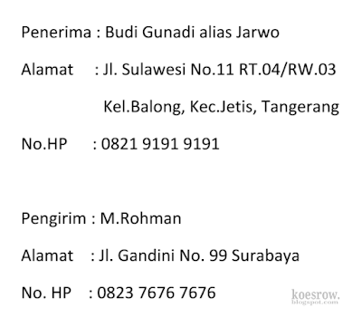 Contoh penulisan identitas penerima dan pengirim paket