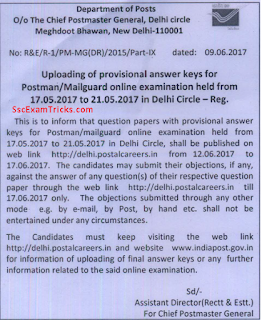 Delhi Postal Circle Answer Keys notice