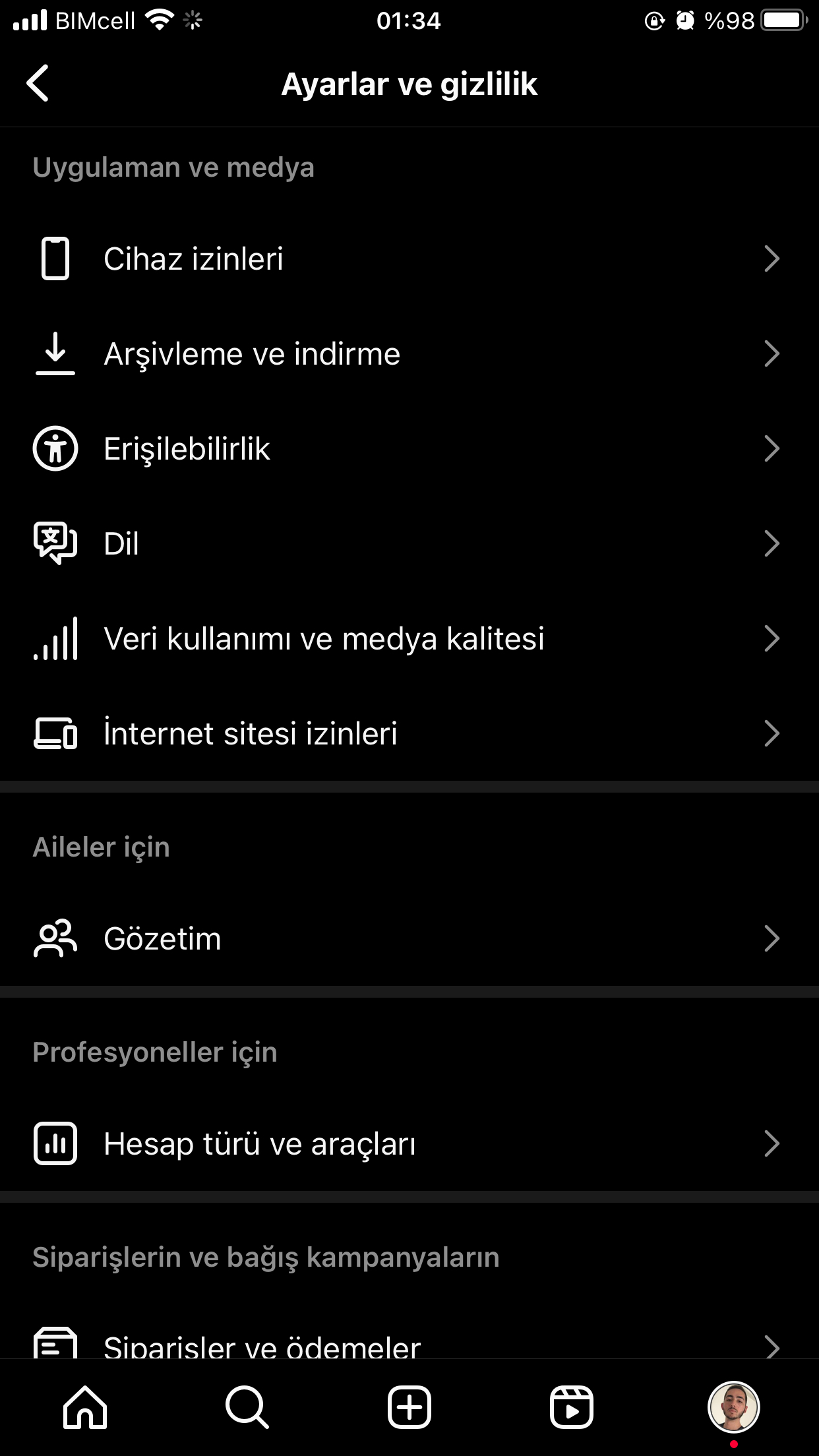 İnstagram Ayarlar ve Gizlilik İnternet Sitesi İzinleri