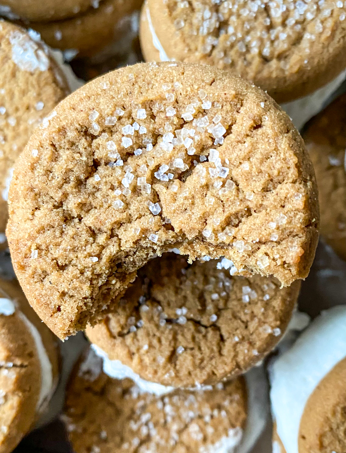 Trader Joe's Gingerbread Sandwich Cookies with a bite taken