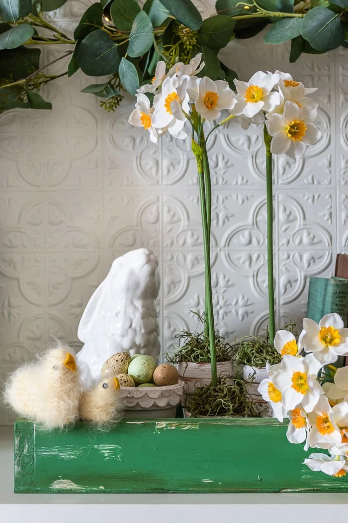 green crate, fuzzy chicks, bunny, daffodils