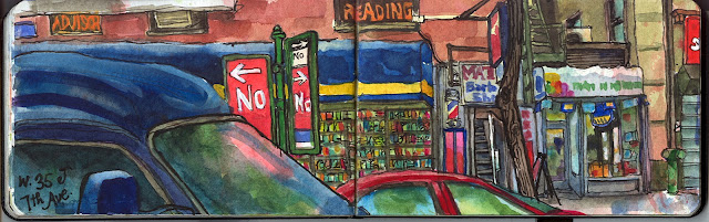 pen & ink & watercolor sketch of small  businesses on West 35th St. & 7th Avenue